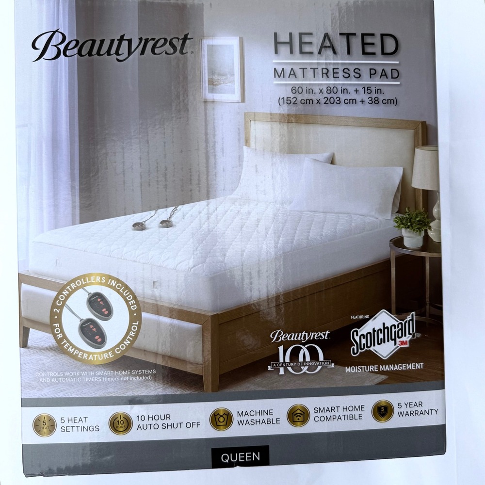Beautyrest Heated Mattress Pad Queen White New Dual Control 5 Heat Settings